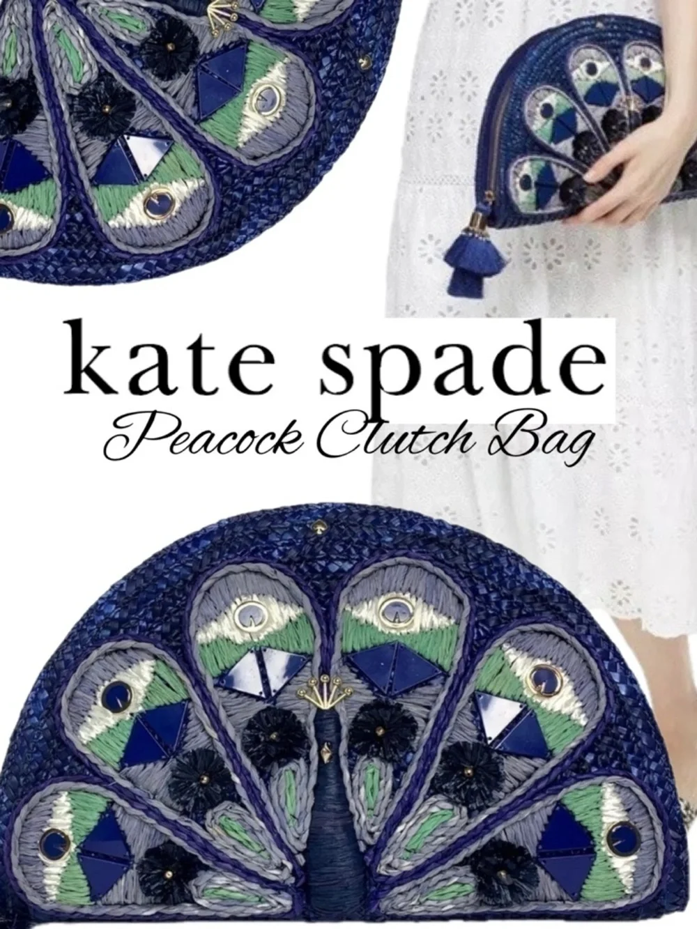 NWT Kate Spade Full Plume Embroidered Straw Peacock Clutch Peacock Wicker Bird